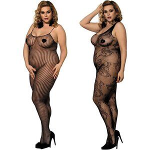 🆕Women Black Fishnet Body Stockings Striped Lingerie Crotch less Bodysuits